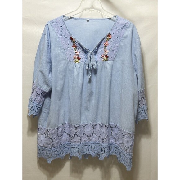 Unbranded Womens 5X Lace Embroidered Blue Top - Picture 1 of 12